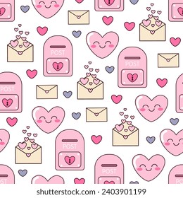 Vector seamless pattern for Valentine's Day with mailboxes, envelopes and hearts in pink tones