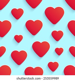 Vector seamless pattern for Valentines Day greeting card design with red hearts and long shadows on bright blue background