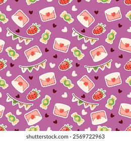 Vector seamless pattern for valentine's day. With candy, envelope, garland and strawberries. Cute Holiday Background Pattern. On a pink background 
