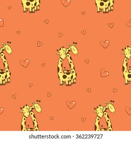 Vector seamless pattern Valentine's Day with cute cartoon giraffes and hearts on red  background.