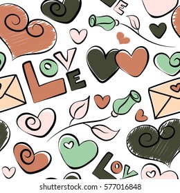 Vector seamless pattern. Valentines day hearts, love text, love letter and flower. Hand drawn texture in green and orange colors on white background.
