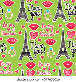 Vector seamless pattern. Valentine's Day. Eiffel Tower, Kiss, Heart. Inscription I love you. Be my Valentine.