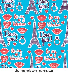 Vector seamless pattern. Valentine's Day. Eiffel Tower, Kiss, Heart. Inscription I love you. Be my Valentine.