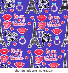 Vector seamless pattern. Valentine's Day. Eiffel Tower, Kiss, Heart. Inscription I love you.  Be my Valentine.