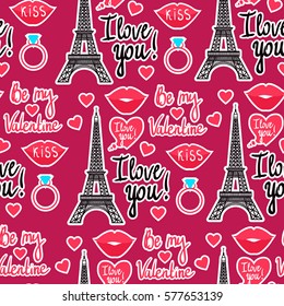 Vector seamless pattern. Valentine's Day. Eiffel Tower, Kiss, Heart. Inscription I love you. Be my Valentine.