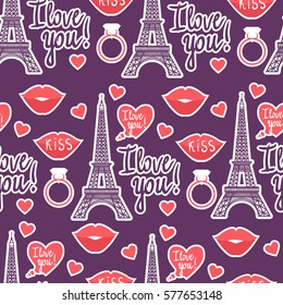 Vector seamless pattern. Valentine's Day. Eiffel Tower, Kiss, Heart. Inscription I love you. 