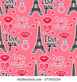 Vector seamless pattern. Valentine's Day. Eiffel Tower, Kiss, Heart. Inscription I love you. Be my Valentine.