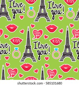 Vector seamless pattern. Valentine's Day. Eiffel Tower, Kiss, Heart. Inscription I love you. 