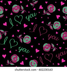 Vector seamless pattern. Valentines day hearts, love text, love letter and flower. Hand drawn texture in green, purple and magenta colors on black background.