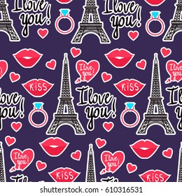 Vector seamless pattern. Valentine's Day. Eiffel Tower, Kiss, Heart. Inscription I love you. 