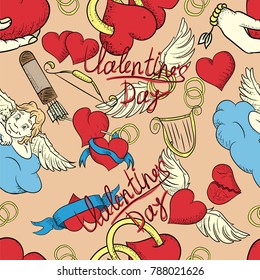vector seamless pattern Valentines Day holiday hearts brown background