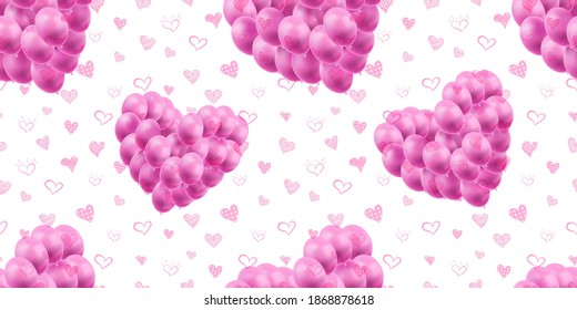 Patrón sin vectores, Valentines o ilustración de bodas, globos 3D y corazones dibujados a mano, fondo blanco, objetos rosados, concepto de celebración.