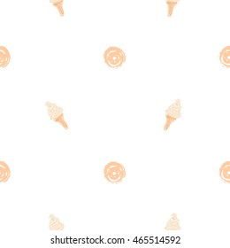 Vector seamless pattern with vanila dot and vanilla swirl ice cream cone. Beautiful background for party, greeting paper card or banner. Hand drawn fashion sketch style. Objects on white backdrop.