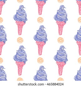 Vector seamless pattern with vanila dot and swirl ice cream cone. Beautiful background for party, greeting paper card or banner. Hand drawn fashion sketch style. Objects on white backdrop.