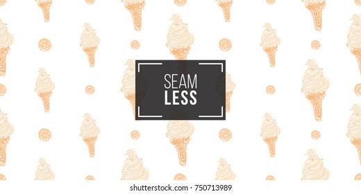 Vector seamless pattern with vanilla dot and vanilla swirl ice cream cone. Beautiful background for party, greeting paper card or banner. Hand drawn fashion sketch style. Objects on white backdrop.