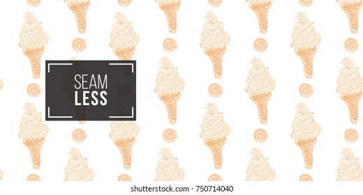 Vector seamless pattern with vanilla dot and vanilla swirl ice cream cone. Beautiful background for party, greeting paper card or banner. Hand drawn fashion sketch style. Objects on white backdrop.