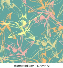 Vector  seamless pattern of Vanilla. Hand drawn illustration with flower of Vanilla on green . Food ingredients for desserts, ice cream, chocolate and sweet cocktail. For seamless  design.
