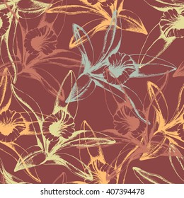 Vector  seamless pattern of Vanilla. Hand drawn illustration with flower of Vanilla on brown. Food ingredients for desserts, ice cream, chocolate and sweet cocktail. For seamless  design.