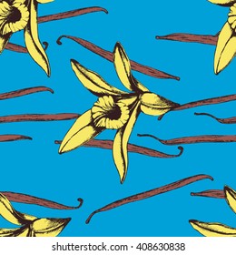 Vector  seamless pattern of Vanilla. Hand drawn illustration with flower of Vanilla on blue. Food ingredients for desserts, ice cream, chocolate and sweet cocktail. For seamless  design.