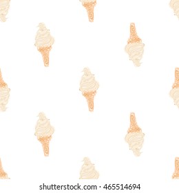 Vector seamless pattern with vanilla swirl ice cream cone. Beautiful background for party, greeting paper card or banner. Hand drawn fashion sketch style. Objects on white backdrop.