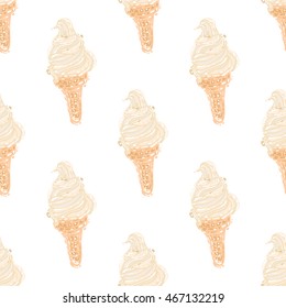 Vector seamless pattern with vanilla swirl ice cream cone. Beautiful background for party, greeting paper card or banner. Hand drawn fashion sketch style. Objects on white backdrop.
