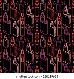 Vector seamless pattern of vape and accessories. Color print on black background. Endless vape background. Vape trend. E-cig iIllustration. E-cig pattern. Vector illustration of Electronic cigarette