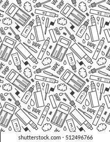 Vector seamless pattern of vape and accessories. Isolated on white background. Endless background electronic cigarette. Icons pattern for vape shop, e-cigarette store