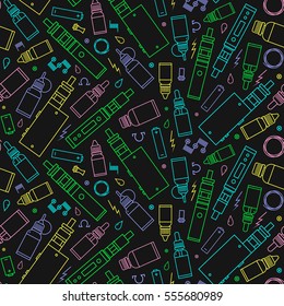 Vector Seamless Pattern Of Vape And Accessories. Endless Background Electronic Cigarette. E-cigarette Store. For Website Construction, Mobile Applications, Banners, Corporate Brochures, Layouts