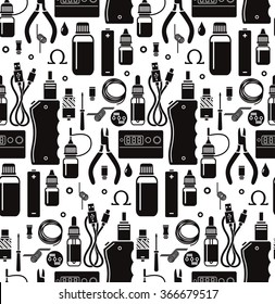 Vector seamless pattern for vape shop and vape service, e-cigarette and e-liquid store, isolated on white background. Endless background. Illustration of Electronic cigarette. E-cig icons