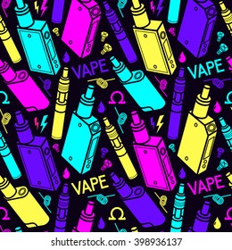 Vector seamless pattern for vape shop, e-cigarette store, isolated on black background. Print fabric, wrapping paper pattern