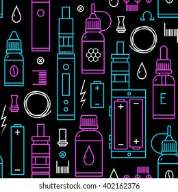 Vector seamless pattern for vape shop, e-cigarette store. Isolated on black background. Print fabric, Wrapping paper pattern