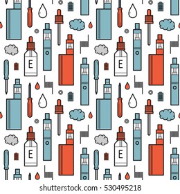 Vector Seamless Pattern For Vape Shop And Vape Service, E-cigarette Store, Color Print Isolated On White Background. Wrapping Paper Pattern. Endless Background