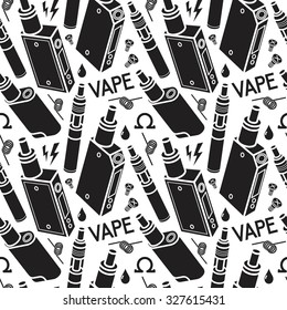 Vector seamless pattern of vaporizer and accessories. Isolated on white background. Vape vector illustration. Vape trend. Illustration of electronic cigarette.