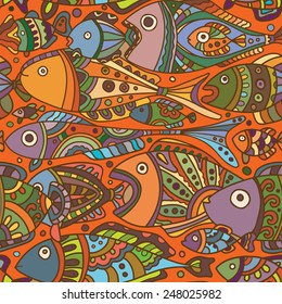 Vector seamless pattern with a lot of varicolored Fishes.