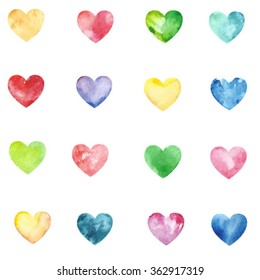 Vector Seamless pattern with varicolored watercolor hearts. Love Heart set. Happy Valentine's day or wedding background. 