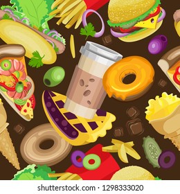 Vector seamless pattern with varied fast food. Against the background of dark brown color with fast food ingredients