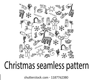 Vector seamless pattern with a variety of doodles sketches for Christmas and New Year theme