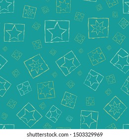 Vector seamless pattern with variety of framed gold stars in painterly brushstroke style on light teal background. Relaxed and laid back. Great for festive, Christmas packaging , giftwrap, stationery,