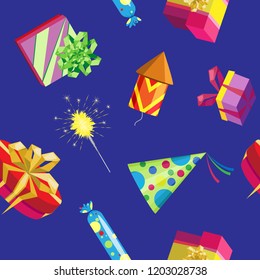Vector seamless pattern of a variety of gifts, sparklers and fireworks. On blue background