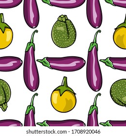 Vector seamless pattern with variety of hand drawn ripe eggplants and spotted zucchini. Cool vegetable pattern, perfect for prints and patterns