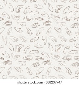 Vector seamless pattern of variety men shoes. Intricate endless background.