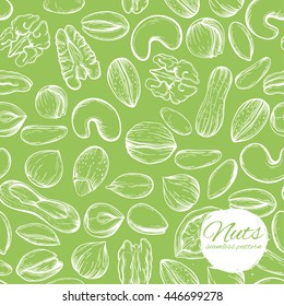 Vector seamless pattern with a variety of nuts in vintage style. Linear silhouettes sketch walnuts, peanuts, almonds, pistachios, pecans, hazelnuts.