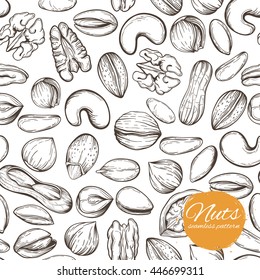 Vector seamless pattern with a variety of nuts in vintage style. Linear silhouettes sketch walnuts, peanuts, almonds, pistachios, pecans, hazelnuts.