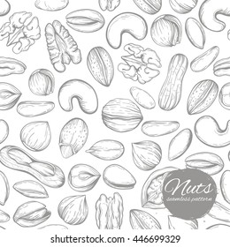 Vector seamless pattern with a variety of nuts in vintage style. Linear silhouettes sketches of walnuts, peanuts, almonds, pistachios, pecans, hazelnuts.