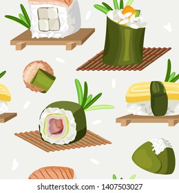 Vector seamless pattern. A variety of sushi on the board for sushi and on the mat. On pearl background