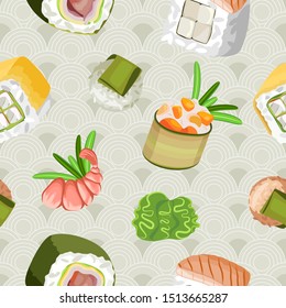Vector seamless pattern. A variety of sushi on a Japanese background