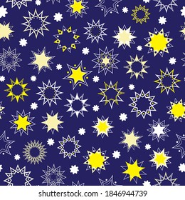 Vector seamless pattern of a variety of white and yellow stars on dark blue background. Perfect for christmas and new year decor, fabric, napkins, wrapping paper, gift boxes, home decor and craft.