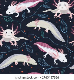 Vector seamless pattern with various Axolotls and delicate algae leaves