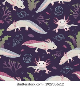 Vector seamless pattern with various Axolotls, seaweeds and shells