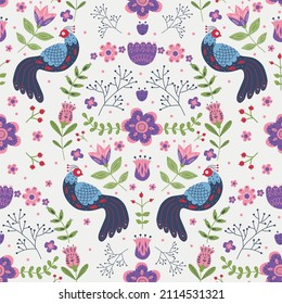Vector seamless pattern with various birds, flowers and leaves with different folk ornaments. Composition in scandinavan style. Ethnic flat illustration with nordic detailed in trendy colors.